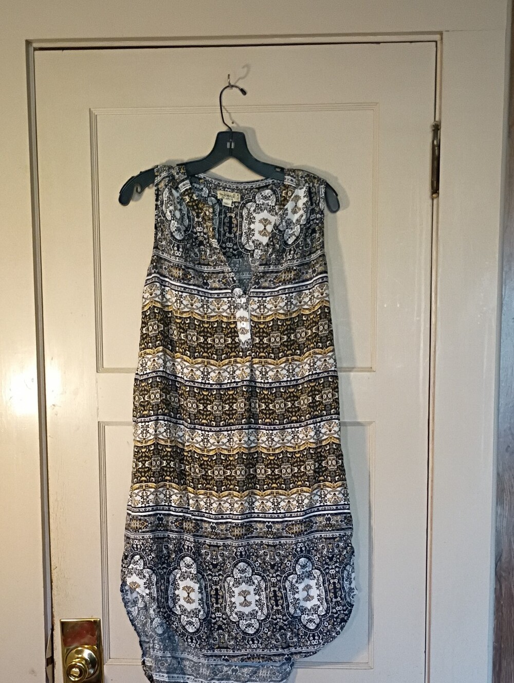 Sleeveless Patterned Midi Dress in Brown, Black, and Cream